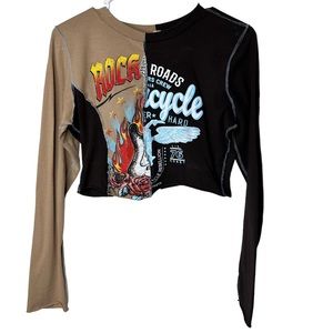 Brown crop long sleeve graphic Motorcycle top size L